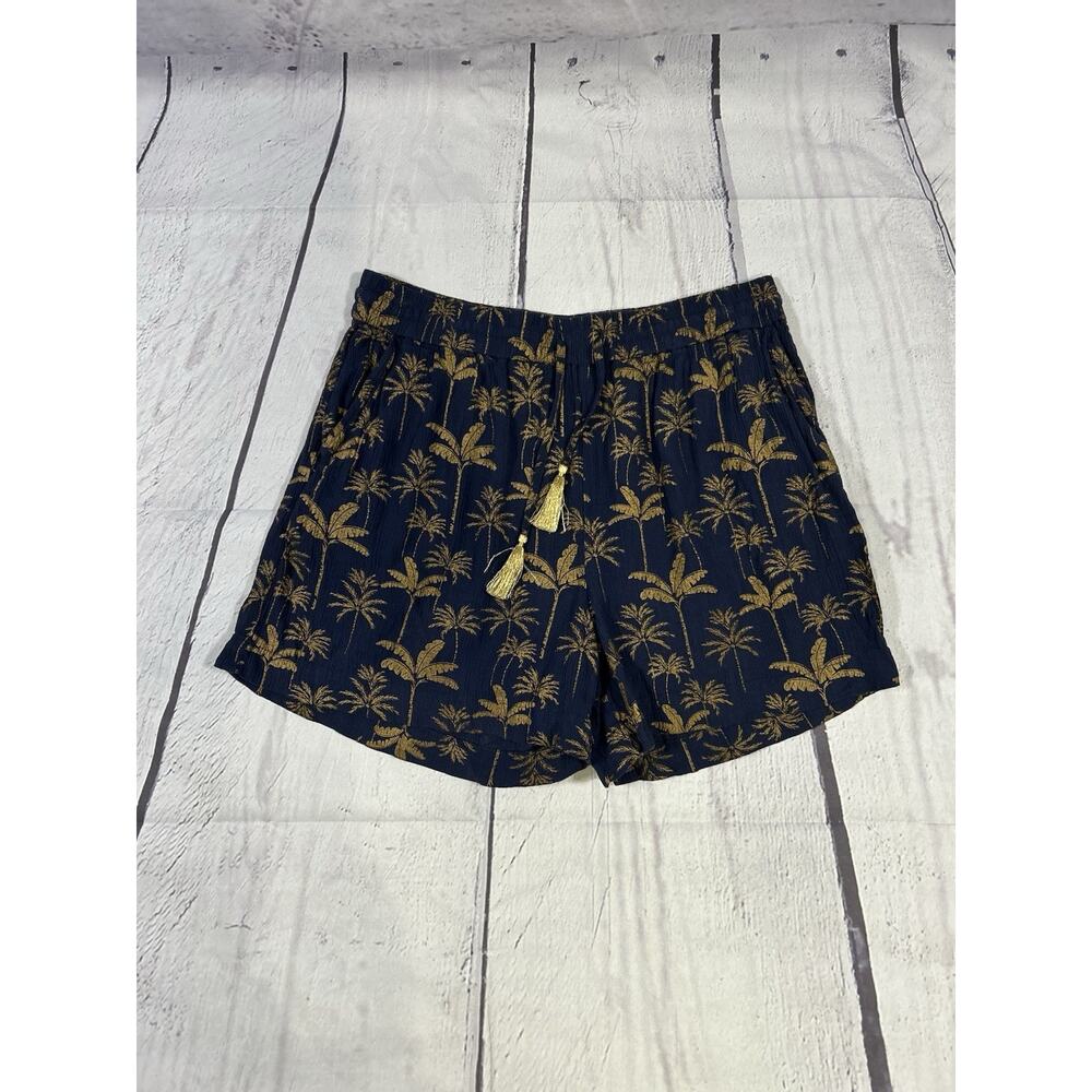 Boden Golden Palm Print Navy Shorts Size 4 Elastic Waist Pockets